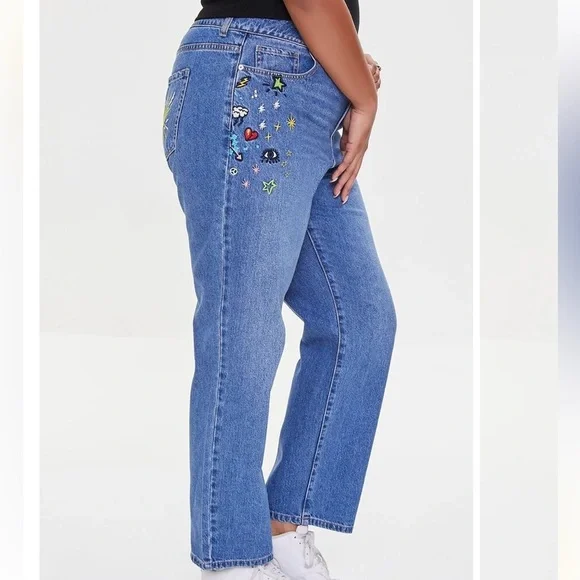 Forever 21 Womens Embroidered High Rise Tapered Hippie Mom Jeans Size 3X NEW - Picture 3 of 15
